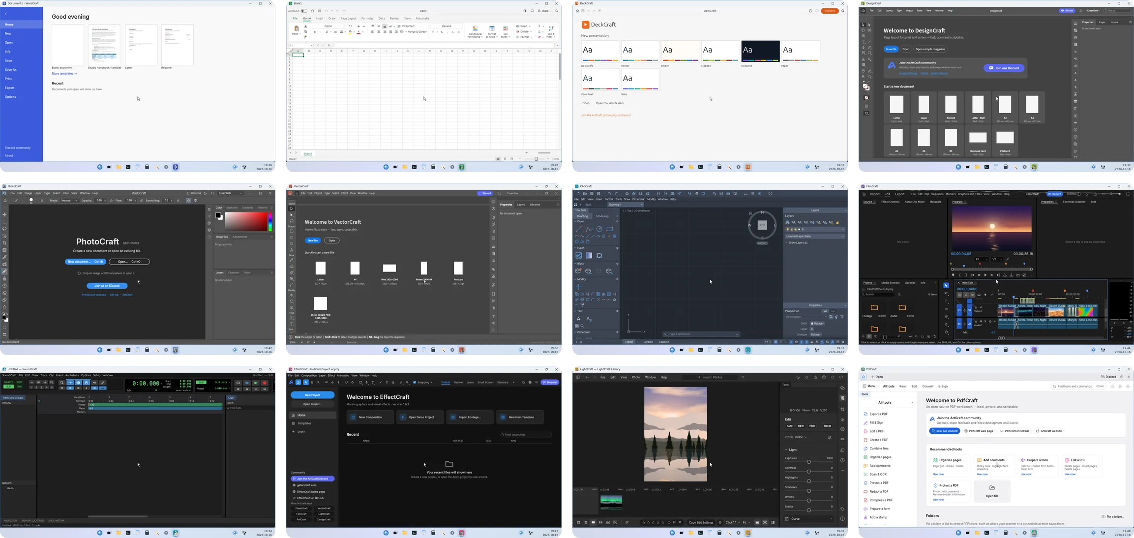 The twelve ArtCraft apps open on LightOne: WordCraft, GridCraft, DeckCraft, DesignCraft, PhotoCraft, VectorCraft, CadCraft, FilmCraft, SoundCraft, EffectCraft, LightCraft and PdfCraft
