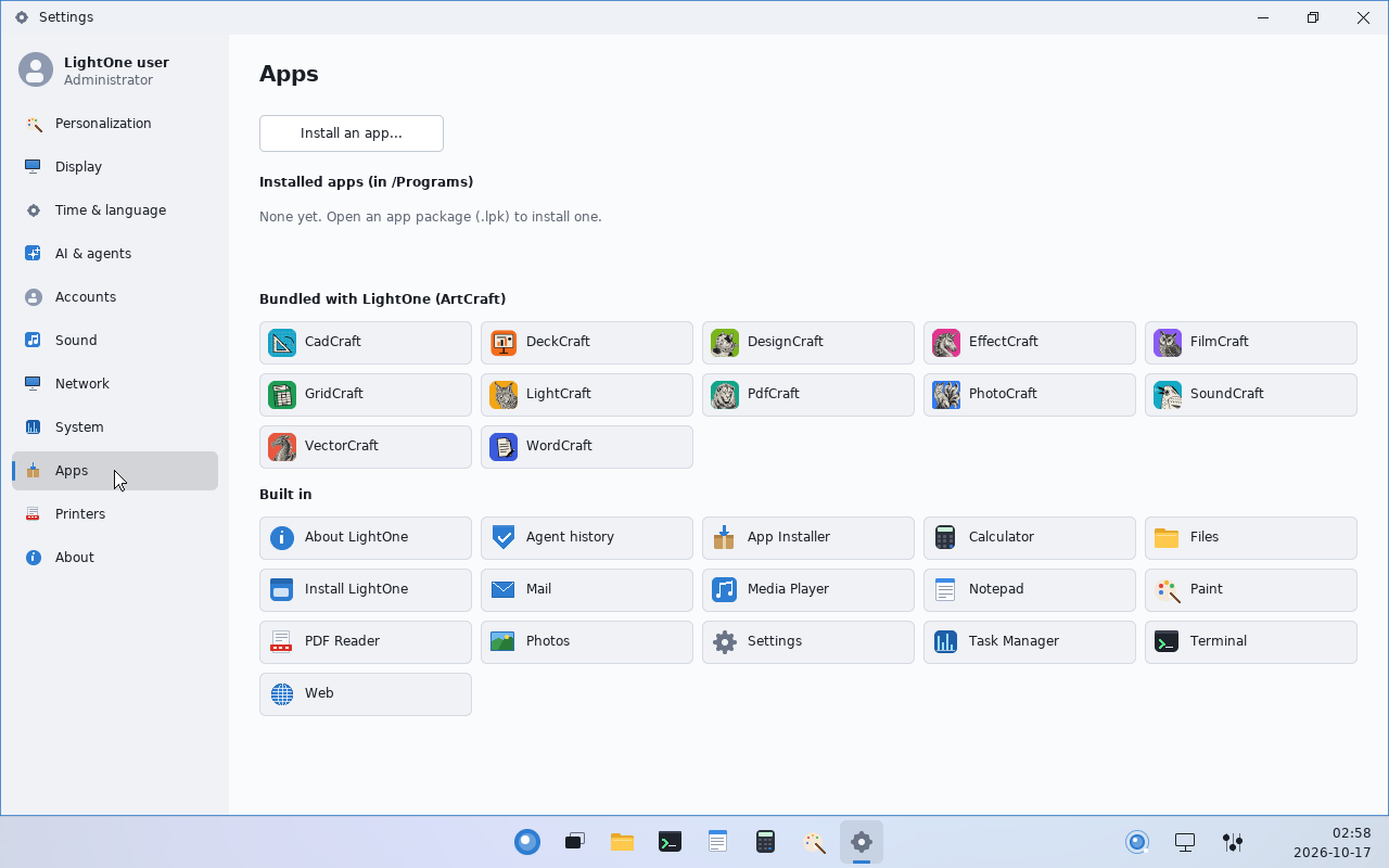 Settings showing the apps that come with LightOne as tiles