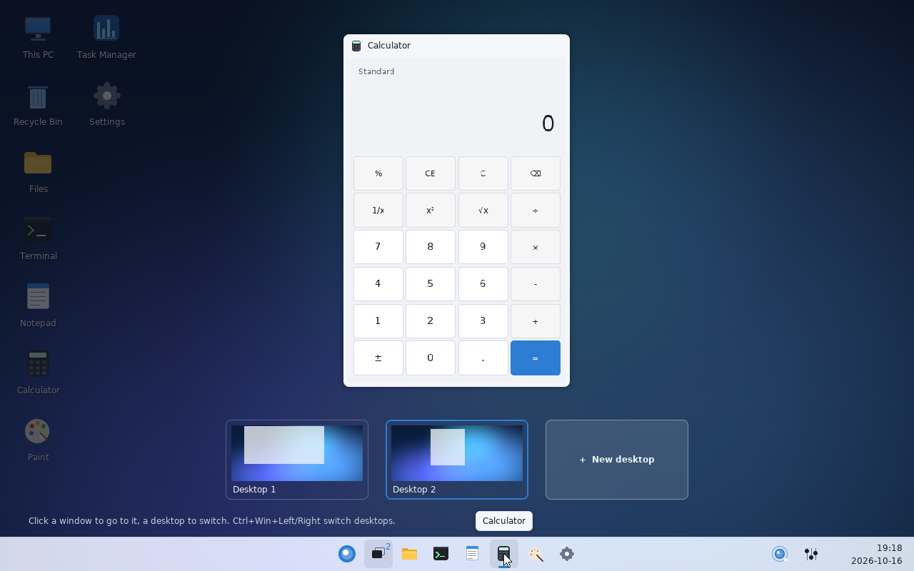 Task View showing two desktops and a new desktop button